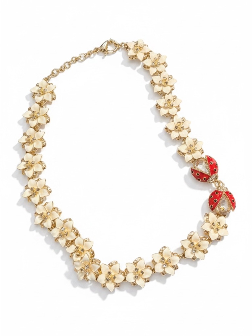 Talbots NWT Floral Enamel Necklace Ladybug Charm Rhinestone Gold Tone Statement